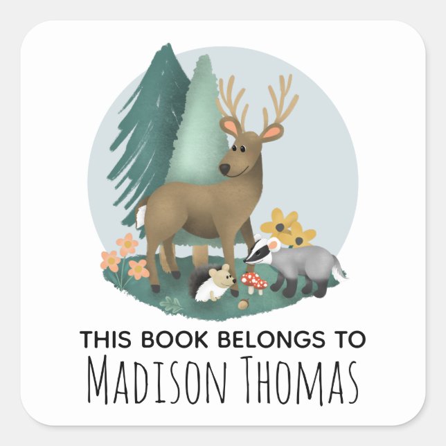 Cute Woodland Animals Baby and Kids Bookplate Square Sticker (Front)