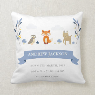 Cute Woodland Animals Baby Boy Announcement Pillow