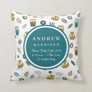 Cute Woodland Animals Baby Boy Announcement Pillow