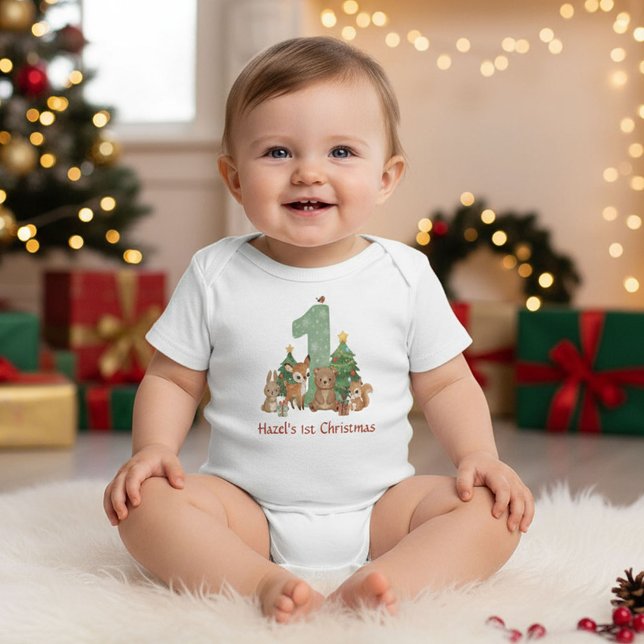 Cute Woodland Animals Baby First Christmas Green 1 Baby Bodysuit (Creator Uploaded)