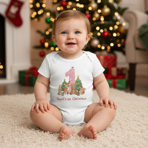 Cute Woodland Animals Baby First Christmas Pink 1 Bodysuit