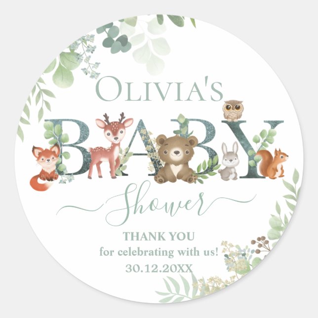 Cute Woodland Animals Baby Shower Greenery Favour Classic Round Sticker (Front)