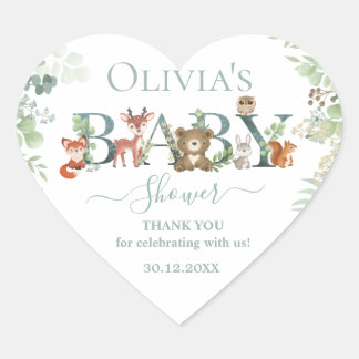 Cute Woodland Animals Baby Shower Greenery Favour Heart Sticker