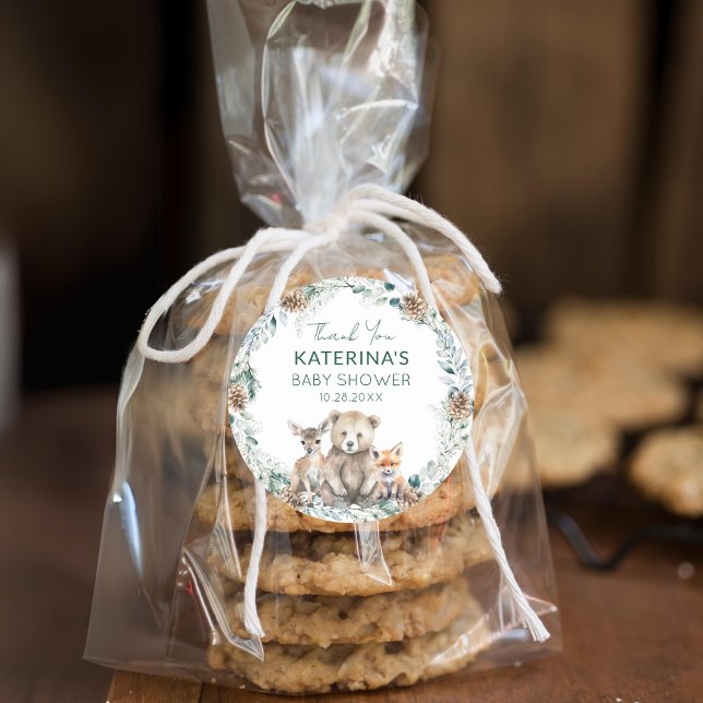 Cute Woodland Animals Baby Shower Thank You Favour Classic Round Sticker (Add these cute woodland animal thank you stickers to baked goods for an easy baby shower favor.)