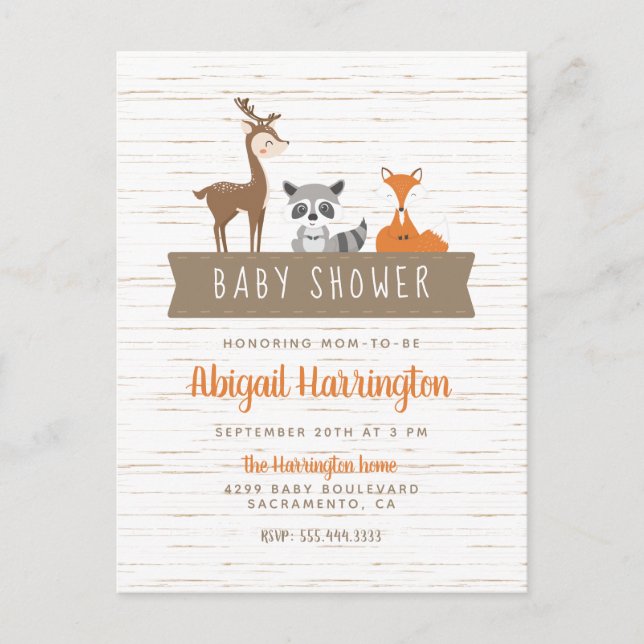 Cute Woodland Animals Banner Baby Shower Invitation Postcard (Front)