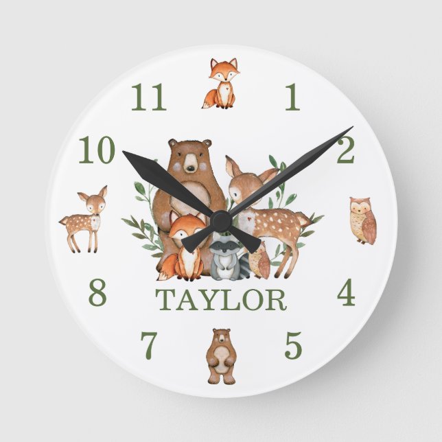Cute Woodland Animals Bear Deer Fox Owl Numeral Round Clock (Front)