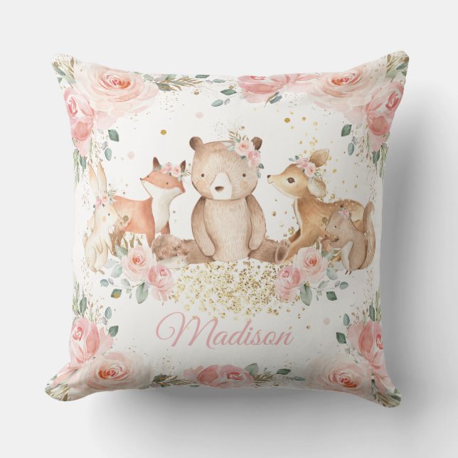 Cute Woodland Animals Blush Pink Floral Nursery  Cushion (Front)