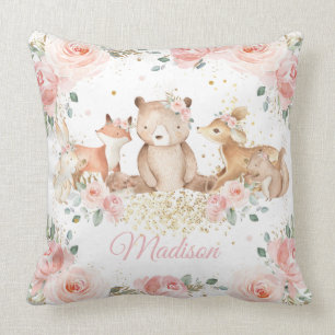 Cute Woodland Animals Blush Pink Floral Nursery Cushion