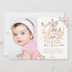 Cute Woodland Animals Boho Tribal Birthday Photo Thank You Card