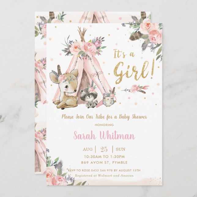 Cute Woodland Animals Boho Tribal Girl Baby Shower Invitation (Front/Back)