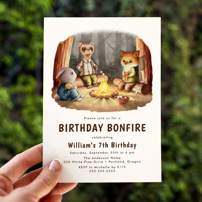 Cute Woodland Animals Bonfire Camping Birthday Invitation (Creator Uploaded)