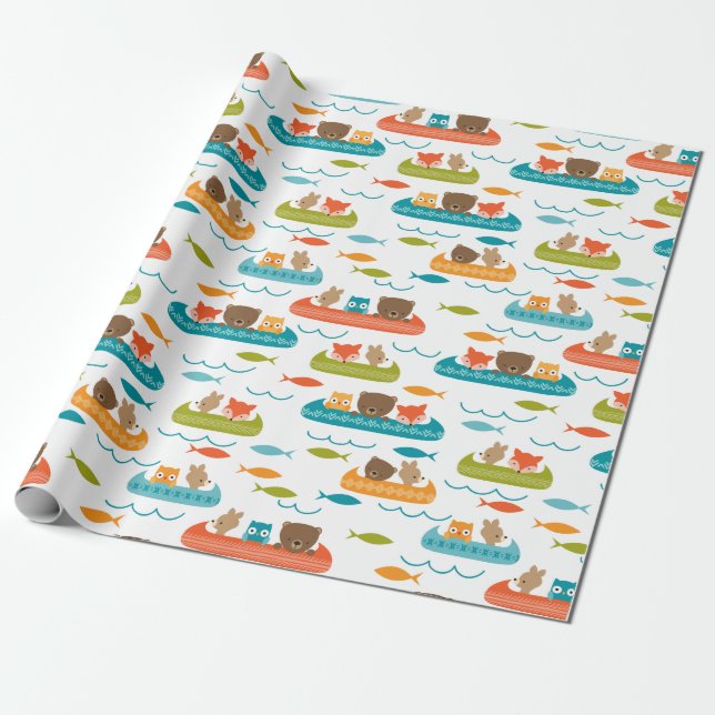 Cute Woodland Animals Canoe Pattern Wrapping Paper (Unrolled)