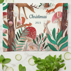 Cute Woodland Animals Christmas Forest Tea Towel