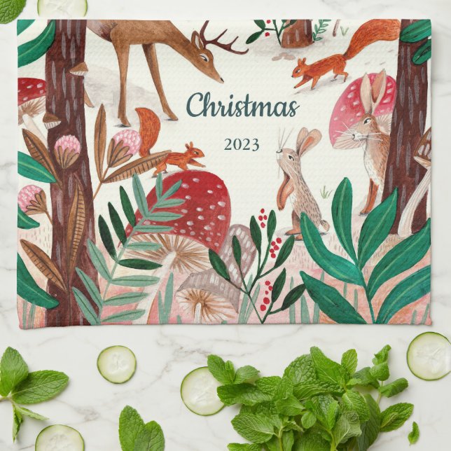 Cute Woodland Animals Christmas Forest Tea Towel (Folded)