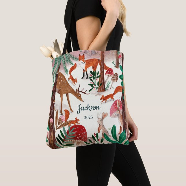 Cute Woodland Animals Christmas Forest Tote Bag (Close Up)