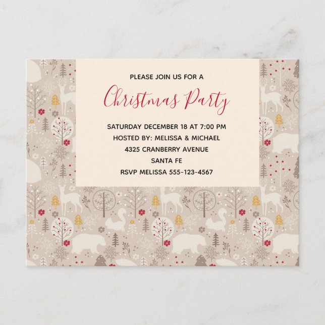 Cute Woodland Animals Christmas Pattern Party Invitation Postcard (Front)