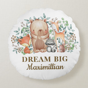 Cute Woodland Animals / Dream Big Baby Boy Nursery Round Cushion