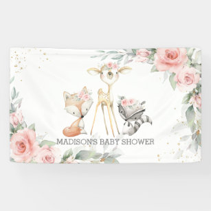 Cute Woodland Animals Floral Baby Shower Backdrop Banner