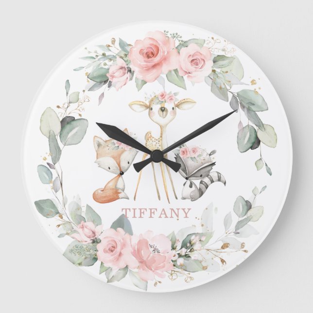 Cute Woodland Animals Floral Greenery Girl Nursery Large Clock (Front)