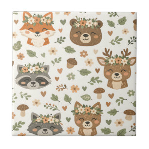 Cute Woodland Animals Floral Pattern Ceramic Tile