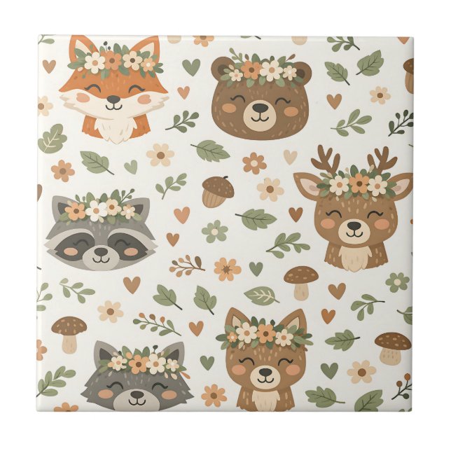 Cute Woodland Animals Floral Pattern Ceramic Tile (Front)