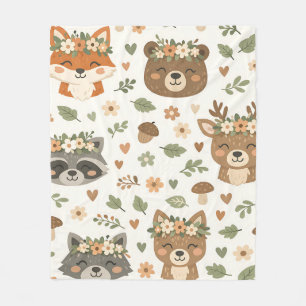 Cute Woodland Animals Floral Pattern Fleece Blanket