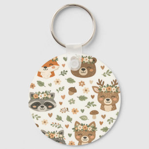 Cute Woodland Animals Floral Pattern Key Ring