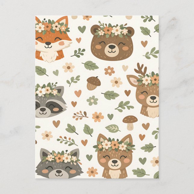 Cute Woodland Animals Floral Pattern Postcard (Front)