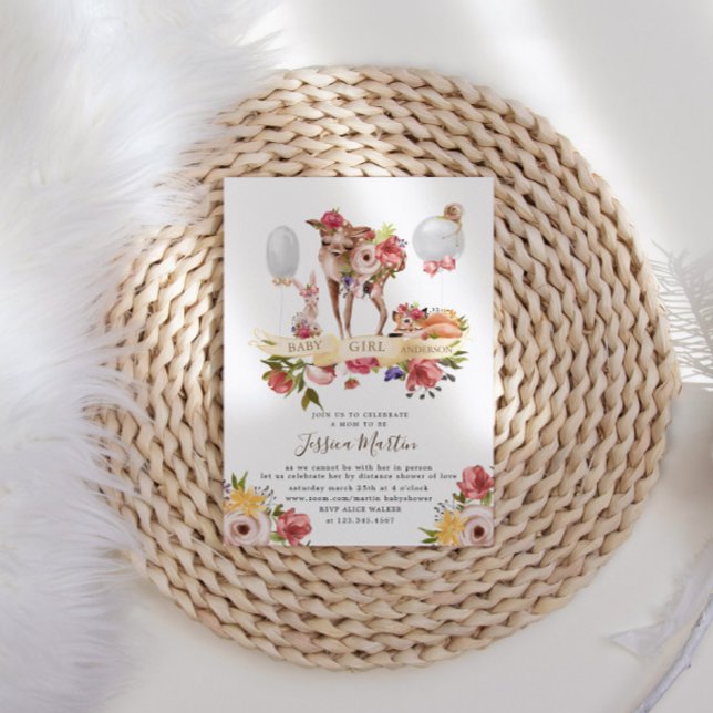 Cute Woodland Animals Floral Virtual Baby Shower  Invitation (Creator Uploaded)