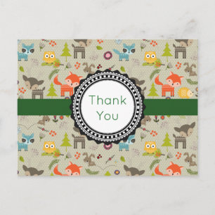 Cute Woodland Animals & Flowers Pattern Thank You Postcard
