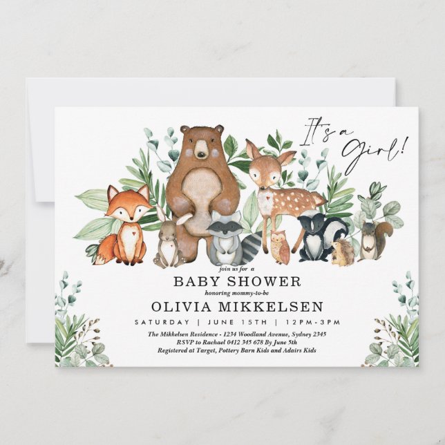 Cute Woodland Animals Forest Girl Baby Shower Invitation (Front)