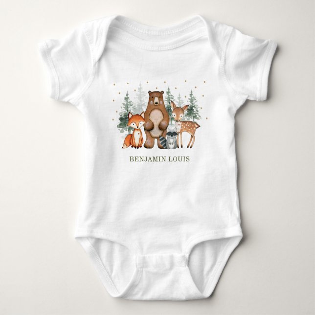 Cute Woodland Animals Forest Pine Trees Greenery Baby Bodysuit (Front)