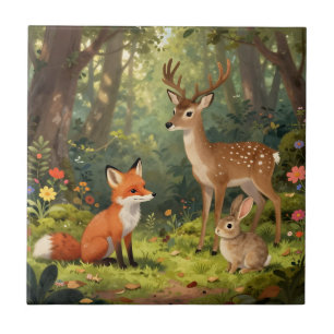 Cute Woodland Animals Forest Scene Ceramic Tile