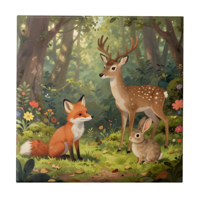 Cute Woodland Animals Forest Scene Ceramic Tile (Front)