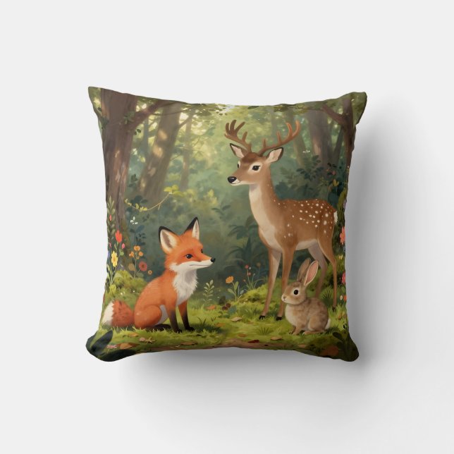 Cute Woodland Animals Forest Scene Cushion (Front)