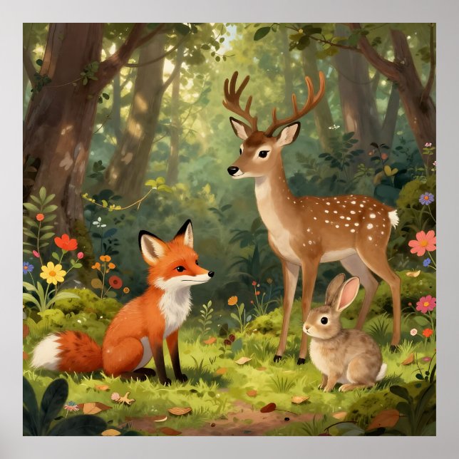 Cute Woodland Animals Forest Scene Poster (Front)