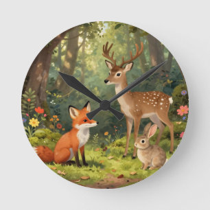Cute Woodland Animals Forest Scene Round Clock