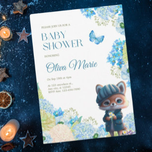 Cute Woodland Animals Fox Blue Floral Baby Shower Invitation