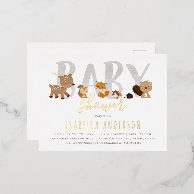 Cute Woodland Animals | Gender Neutral Baby Shower Foil Invitation Postcard (Front/Back)