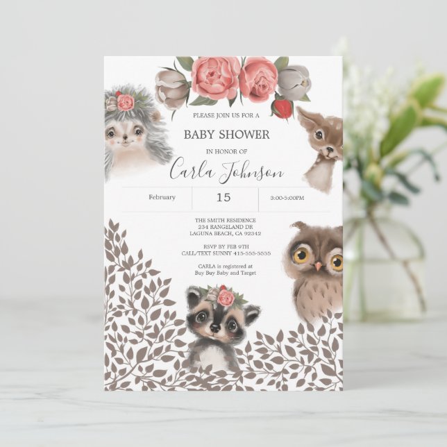 Cute Woodland Animals Girl Baby Shower Invitation (Standing Front)