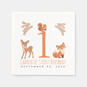 Cute Woodland Animals Girl First Birthday Napkin