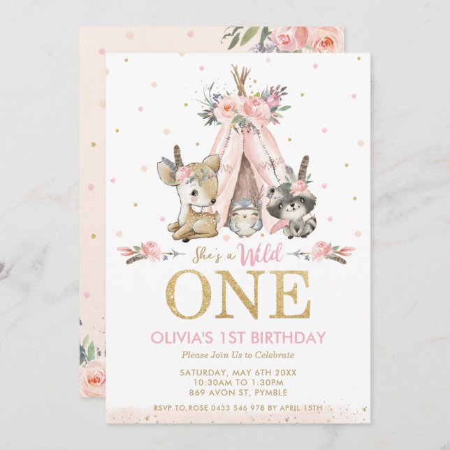 Cute Woodland Animals Girl Wild One 1st Birthday Invitation (Front/Back)