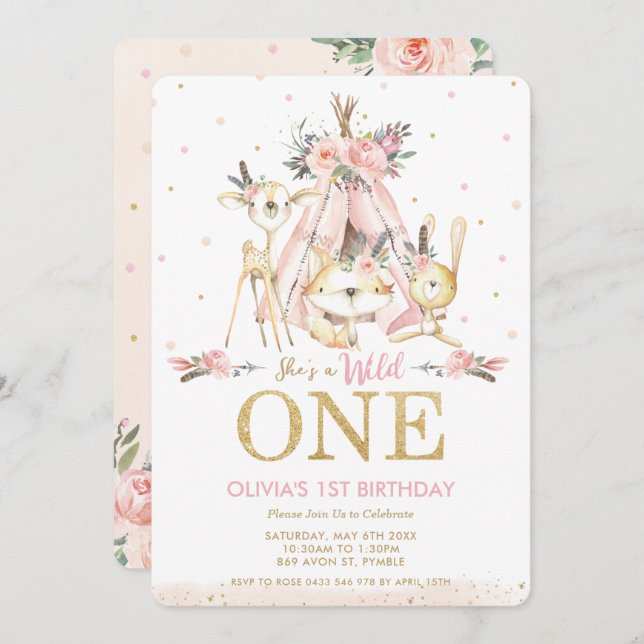 Cute Woodland Animals Girl Wild One 1st Birthday Invitation (Front/Back)
