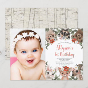 Cute woodland animals girls 1st birthday photo invitation
