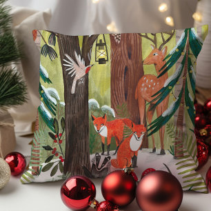 Cute Woodland animals Green Christmas  Cushion