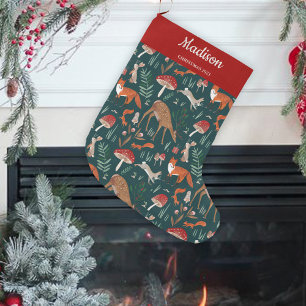 Cute Woodland Animals Green Christmas Forest Large Christmas Stocking