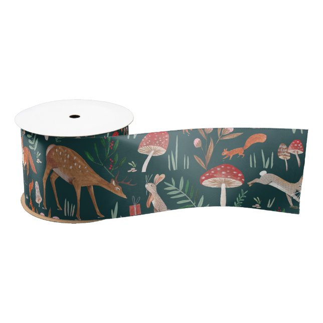 Cute Woodland Animals Green Christmas Forest Satin Ribbon (Spool)