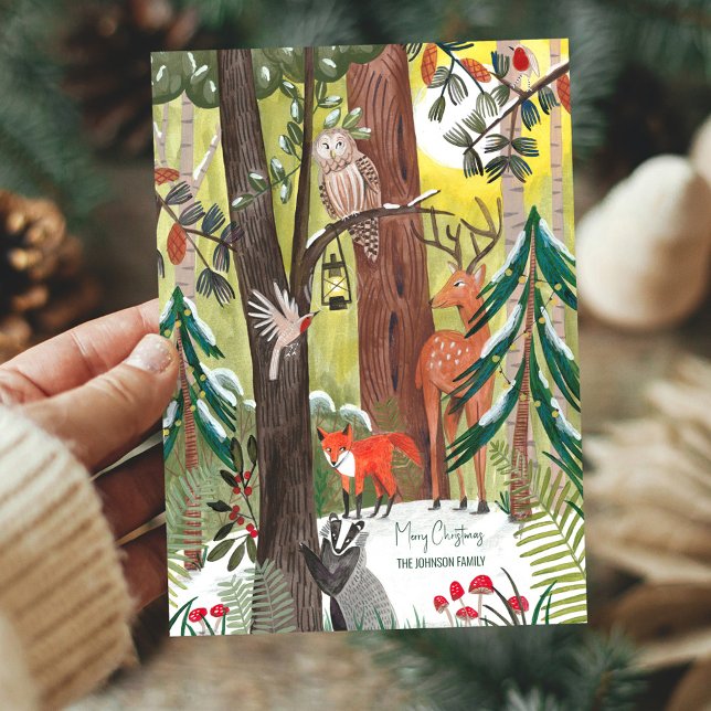 Cute woodland animals green forest Christmas Holiday Card (Green forest with woodland animals Christmas Holiday Card)