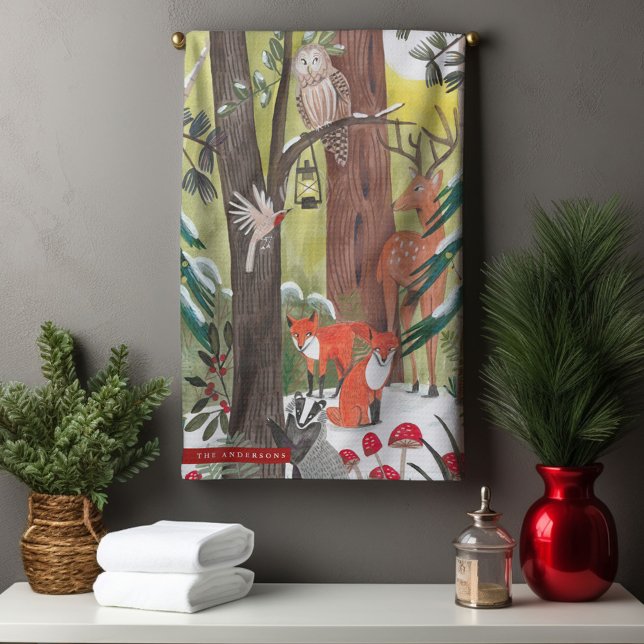 Cute woodland animals green forest Christmas Tea Towel (Cute woodland animals green forest Christmas Kitchen Towel)