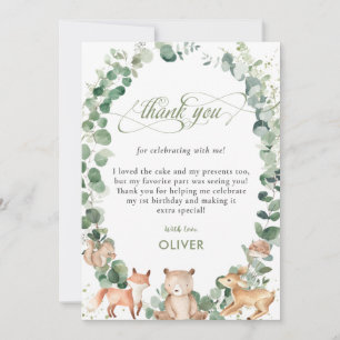 Cute Woodland Animals Greenery 1st Birthday Party  Thank You Card